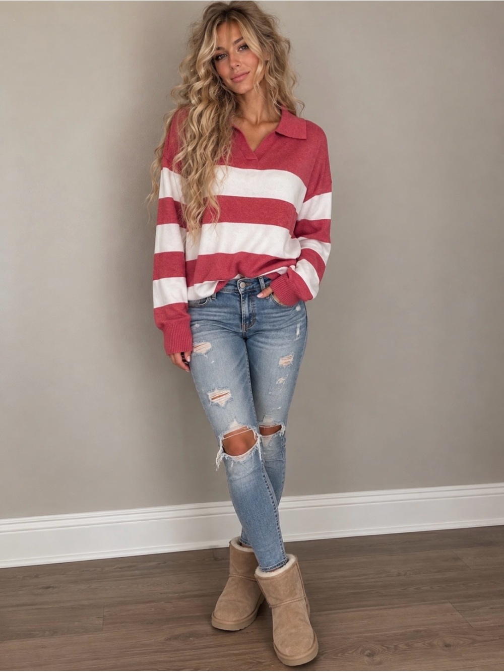 NWT Joseph A Women’s Striped V-Neck Polo Sweater